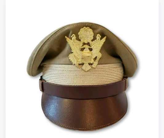 WW2 US Army Aircorps Military Airforce Officers Khaki Crusher Visor Hat Cap