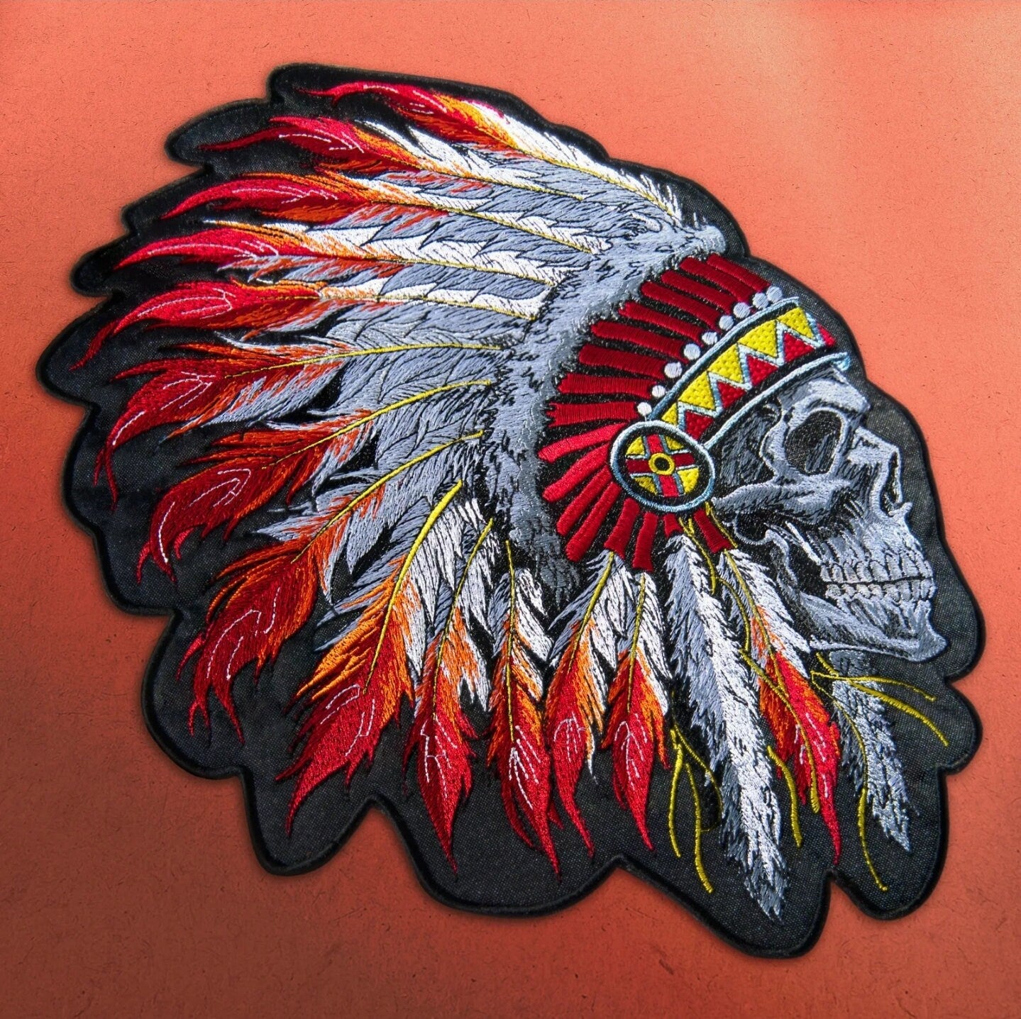 Extra Large Embroidered Back Patch Indian Chief Skull Native American for Jacket